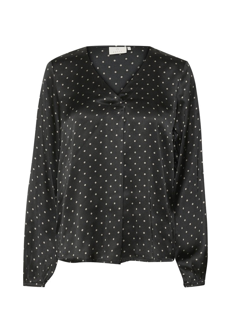 Schwarze Satinbluse mit V-Ausschnitt und langen Ärmeln. Verfügt über weiße Polka-Dots, einen subtilen Glanz und eine lockere Passform.