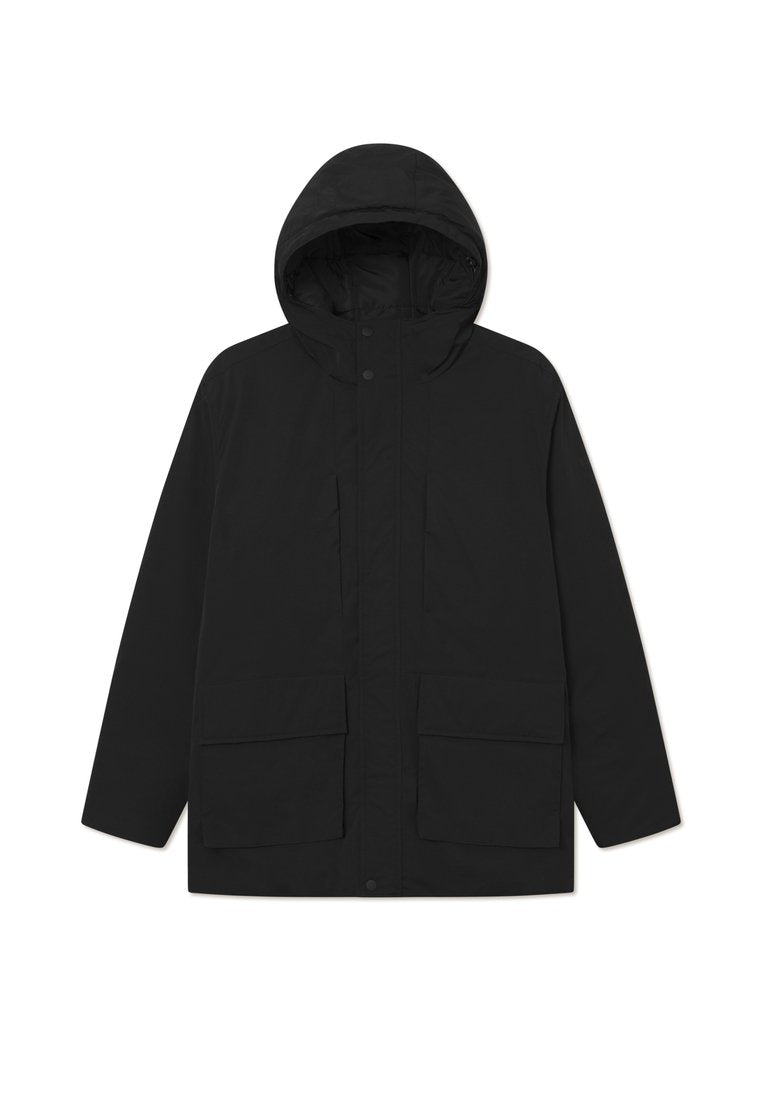 Schwarze, wasserdichte Parka-Jacke mit Kapuze, ausgestattet mit einem Frontreißverschluss, zwei großen Fronttaschen und einem einfachen, minimalistischen Design.