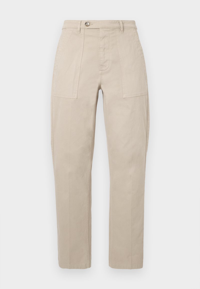 Beige Baumwoll-Cargo-Hose mit geradem Bein, vorderem Knopfverschluss und zwei Seitentaschen. Glatte Textur und klassisches Design.