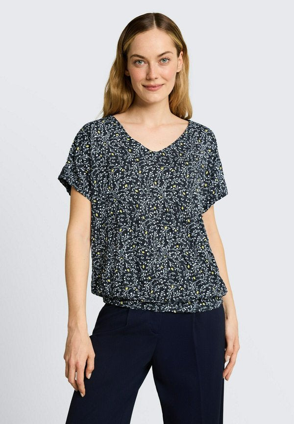 TOM TAILOR CRINKLE T-SHIRT MIT MUSTER - Print T-shirt - navy small leaves design