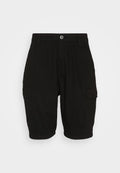 Schwarze Cargo-Shorts aus Baumwolle mit geradem Schnitt, ausgestattet mit zwei Seitentaschen und einem Knopfverschluss an der Vorderseite.