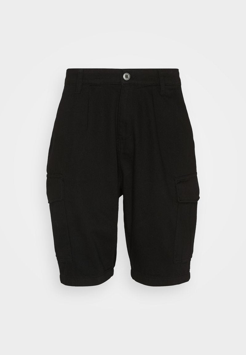 Schwarze Cargo-Shorts aus Baumwolle mit geradem Schnitt, ausgestattet mit zwei Seitentaschen und einem Knopfverschluss an der Vorderseite.