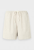 Beige Leinen-Shorts mit elastischem Bund und weißer Zugkordel, lässig und leicht.