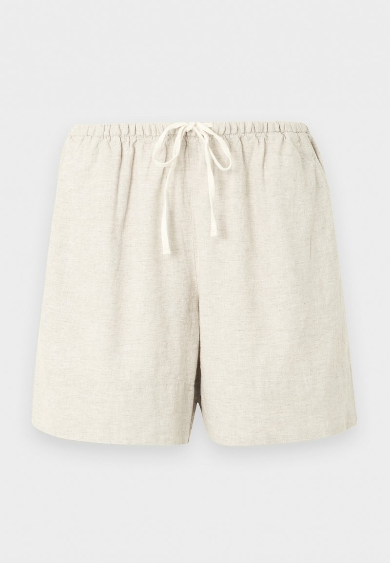 Beige Leinen-Shorts mit elastischem Bund und weißer Zugkordel, lässig und leicht.