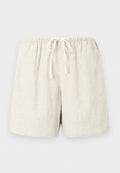 Beige Leinen-Shorts mit elastischem Bund und weißer Zugkordel, lässig und leicht.