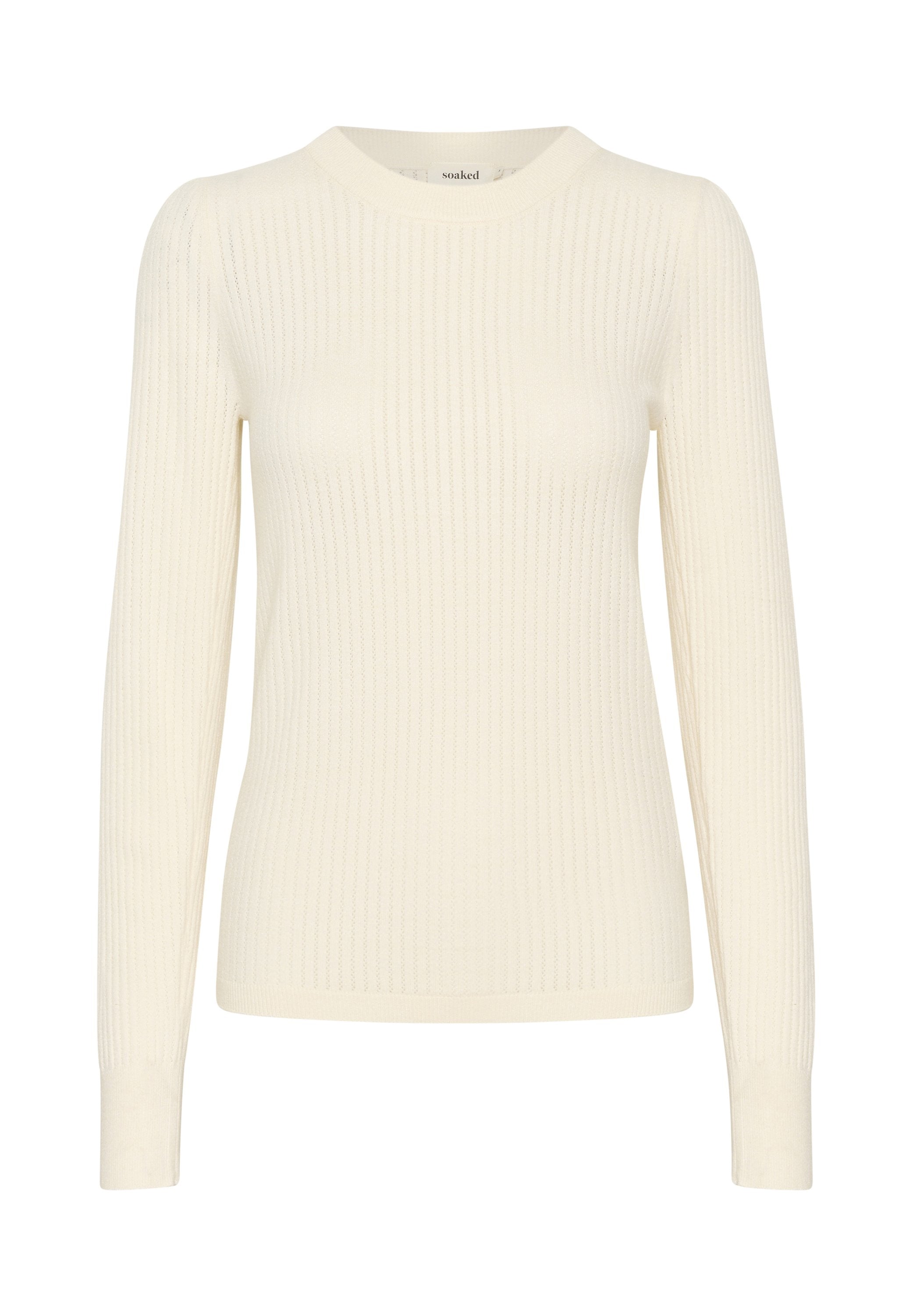Cremfarbener, gerippter Pullover mit langen Ärmeln und rundem Halsausschnitt. Der Stoff hat ein strukturiertes Muster, und die Passform ist schmal mit enganliegenden Ärmeln.