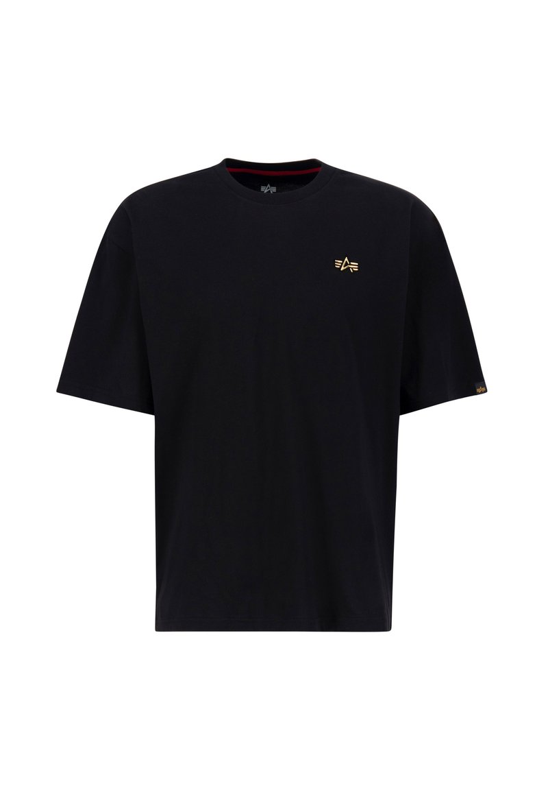 Schwarzes T-Shirt aus Baumwolle mit Rundhalsausschnitt, kurzen Ärmeln und einem goldenen Logo auf der linken Brust. Weiche, glatte Textur.