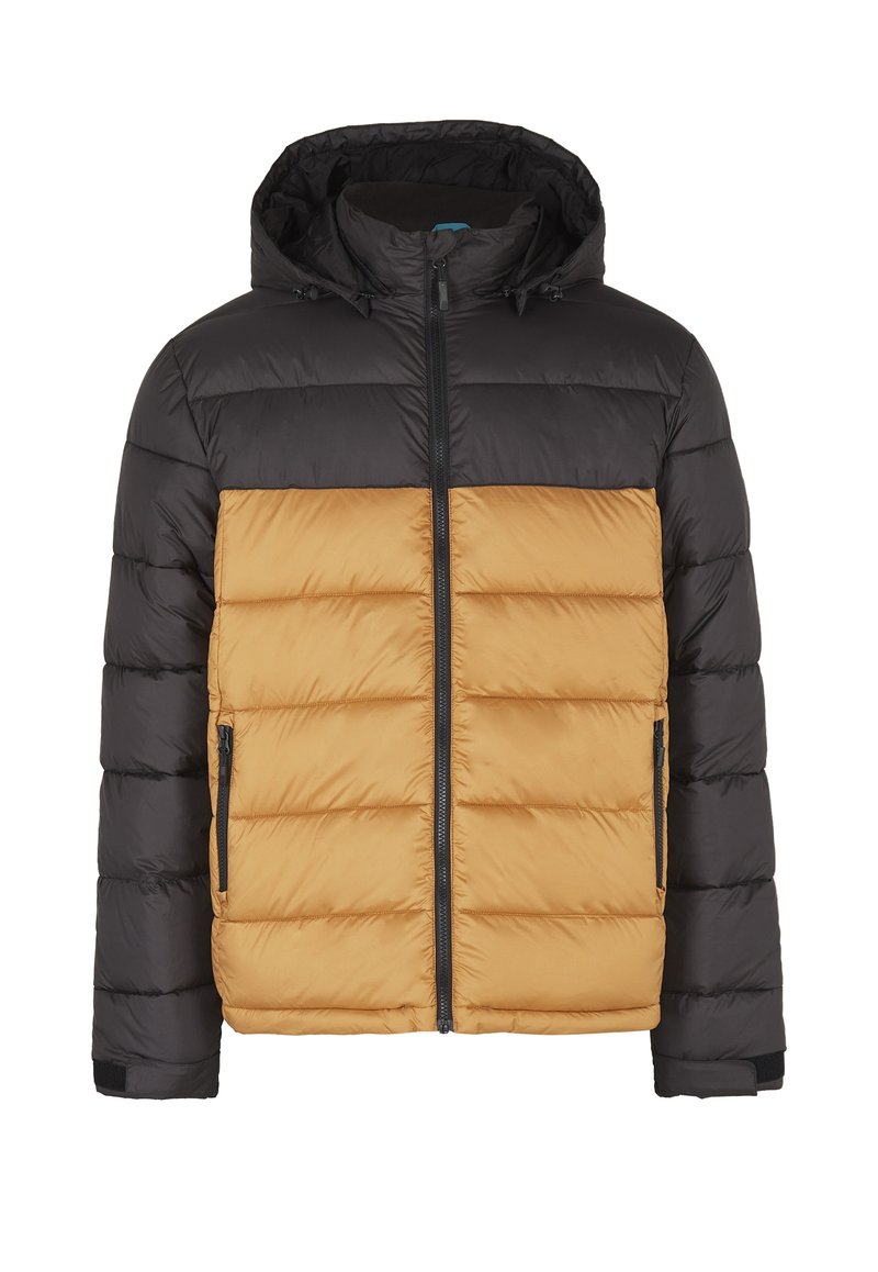 Daunenjacke mit Kapuze, mit einem schwarzen oberen Abschnitt und einem senfgelben unteren Abschnitt. Strukturiertes Material und Reißverschlusstaschen.