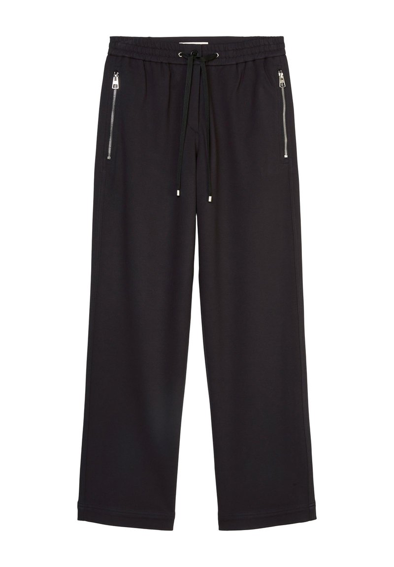 Schwarze weite Hosen aus glattem Stoff, mit einem elastischen Bund und Kordelzug sowie seitlichen Taschen mit Reißverschluss.
