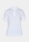 Weißes Poloshirt aus weichem Baumwollstoff, mit einer Drei-Knopf-Leiste, kurzen Ärmeln und einem kleinen gestickten Logo auf der Brust.