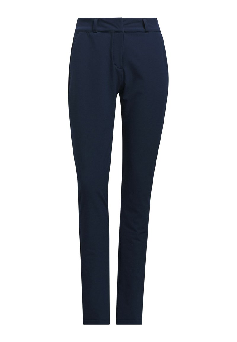 Marineblaues Hosen aus glattem Stoff. Slim-Fit-Design mit flachem Vorderteil und elastischem Bund, ausgestattet mit zwei Seitentaschen.