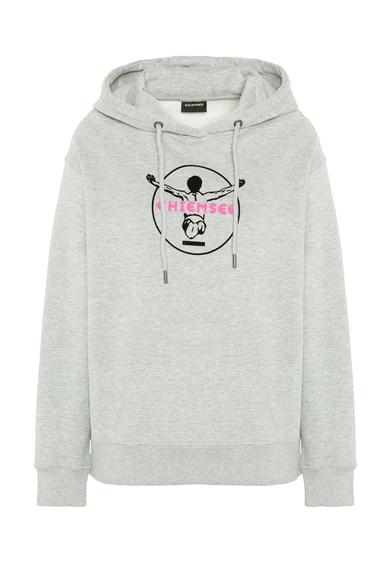 Grauer Hoodie mit einer zentralen Grafik einer Person mit ausgebreiteten Armen, schwarz umrandet, und "CHIEMSEE" in fetten pinken Buchstaben.