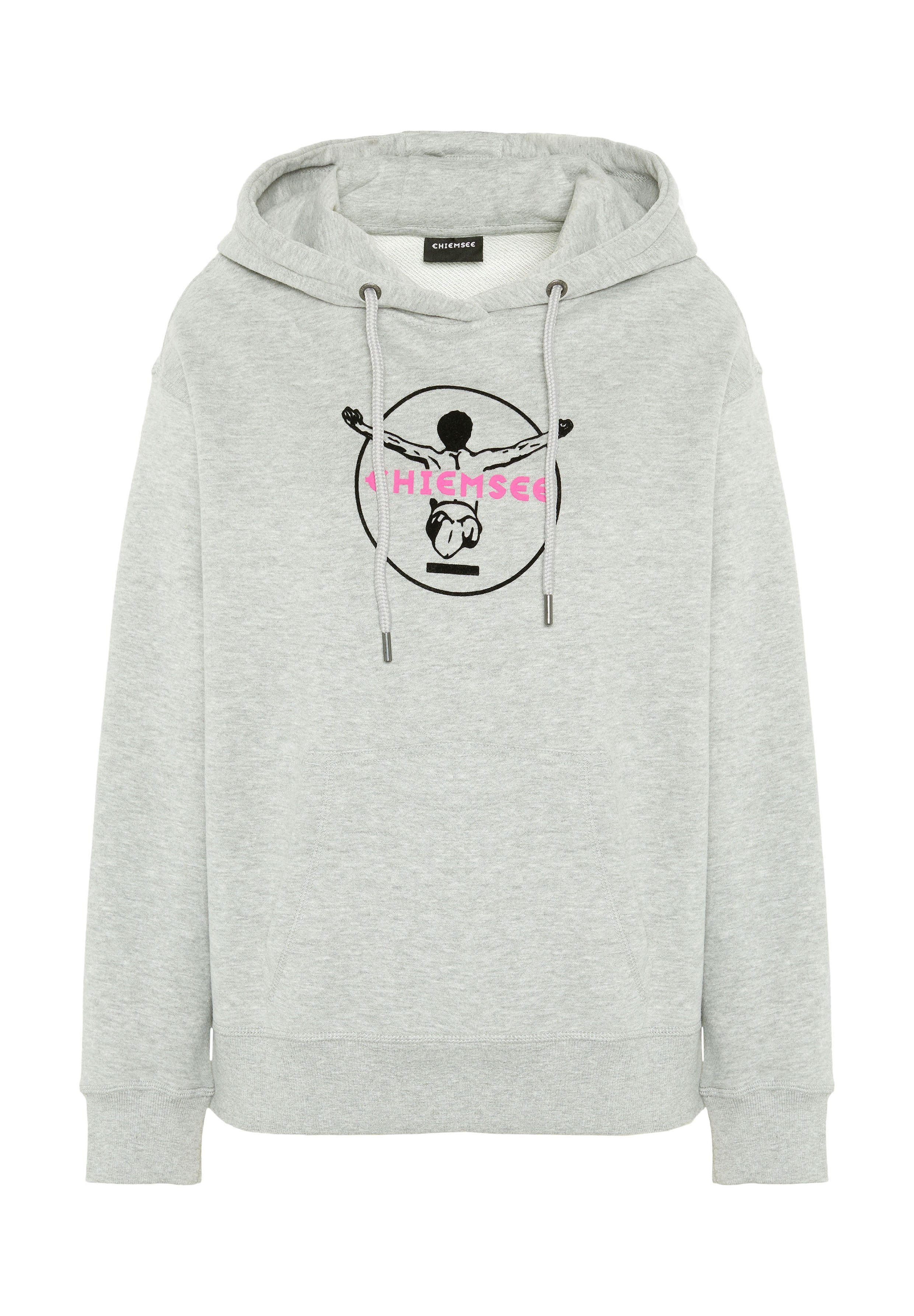 Grauer Hoodie mit einer zentralen Grafik einer Person mit ausgebreiteten Armen, schwarz umrandet, und "CHIEMSEE" in fetten pinken Buchstaben.