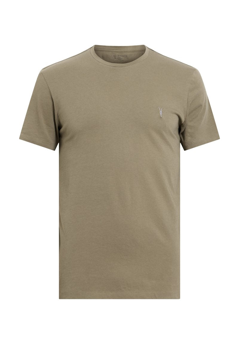 Olivgrünes Baumwoll-T-Shirt mit Rundhalsausschnitt, kurzen Ärmeln und einem dezenten, gestickten Logo auf der Brust, das eine glatte Textur aufweist.