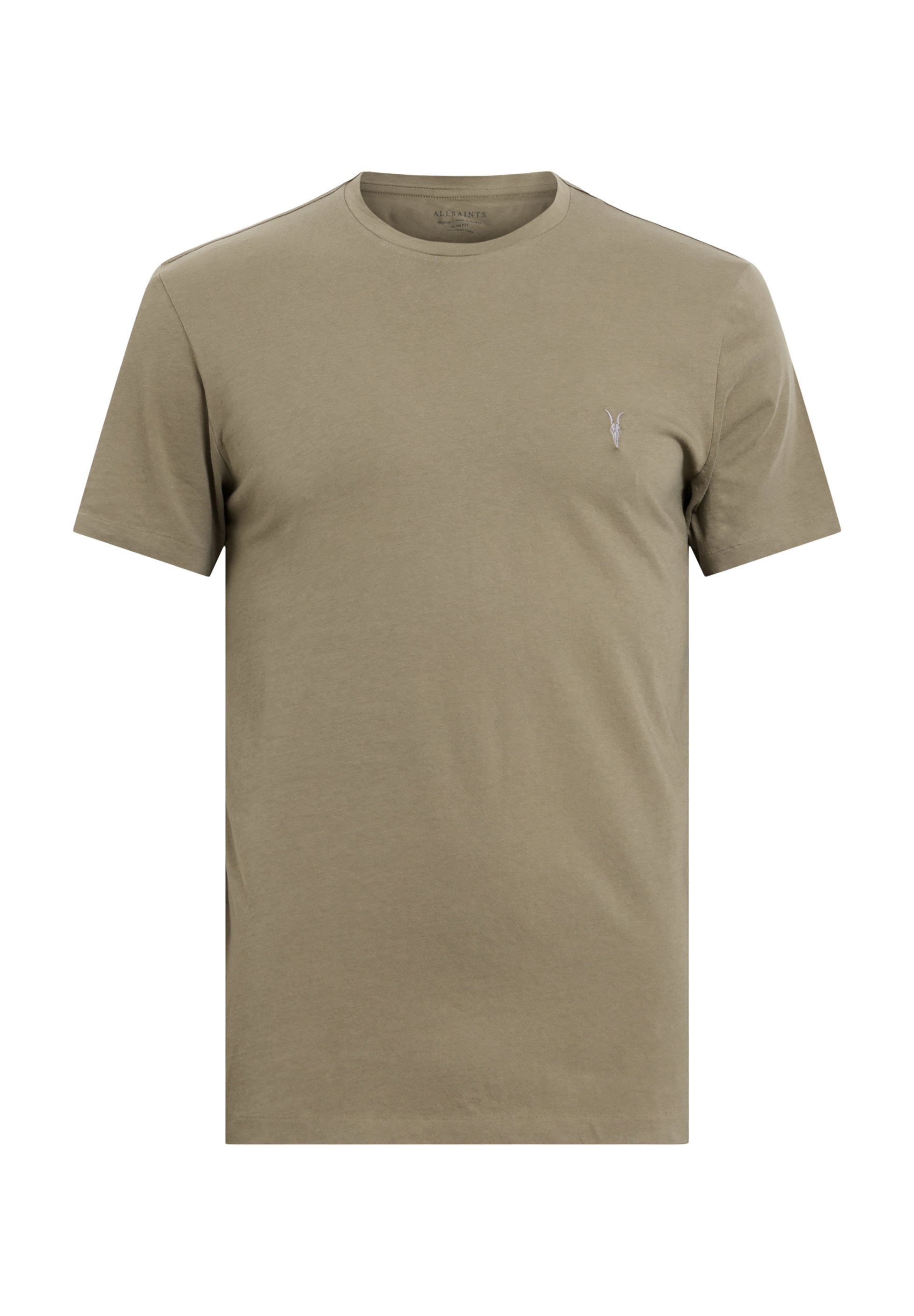 Olivgrünes Baumwoll-T-Shirt mit Rundhalsausschnitt, kurzen Ärmeln und einem dezenten, gestickten Logo auf der Brust, das eine glatte Textur aufweist.