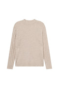 Beige gestrickter Pullover mit einem strukturierten geometrischen Muster, Rundhalsausschnitt und langen Ärmeln. Verfügt über gerippte Bündchen und Saum.
