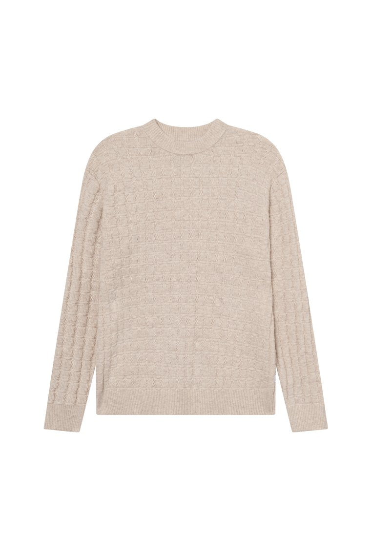 Beige gestrickter Pullover mit einem strukturierten geometrischen Muster, Rundhalsausschnitt und langen Ärmeln. Verfügt über gerippte Bündchen und Saum.