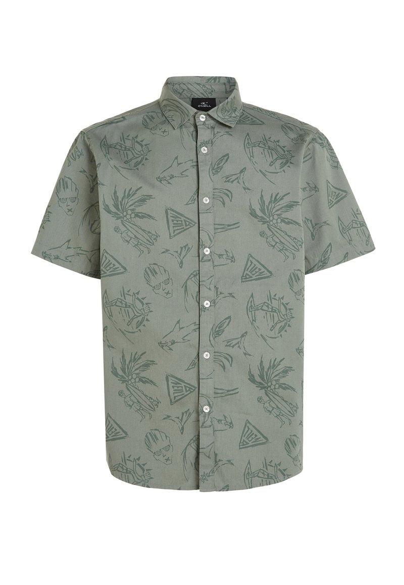 Kurzärmliges Button-Up-Hemd aus olivgrünem Stoff mit einem wiederholten Muster von Skizzen, darunter Palmen, Fische und geometrische Formen.