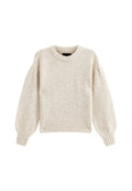 Hellbeige gestrickter Pullover mit Rundhalsausschnitt, geripptem Saum und voluminösen Ärmeln. Weicher Stoff und lässige Passform.