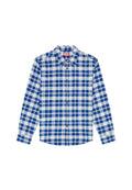 Langarm-Karierte Hemd in Blau und Weiß mit Button-Down-Kragen, ausgestattet mit einem karierten Muster und einem Markenetikett am Kragen.
