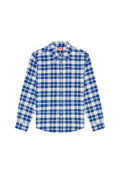 Langarm-Karierte Hemd in Blau und Weiß mit Button-Down-Kragen, ausgestattet mit einem karierten Muster und einem Markenetikett am Kragen.