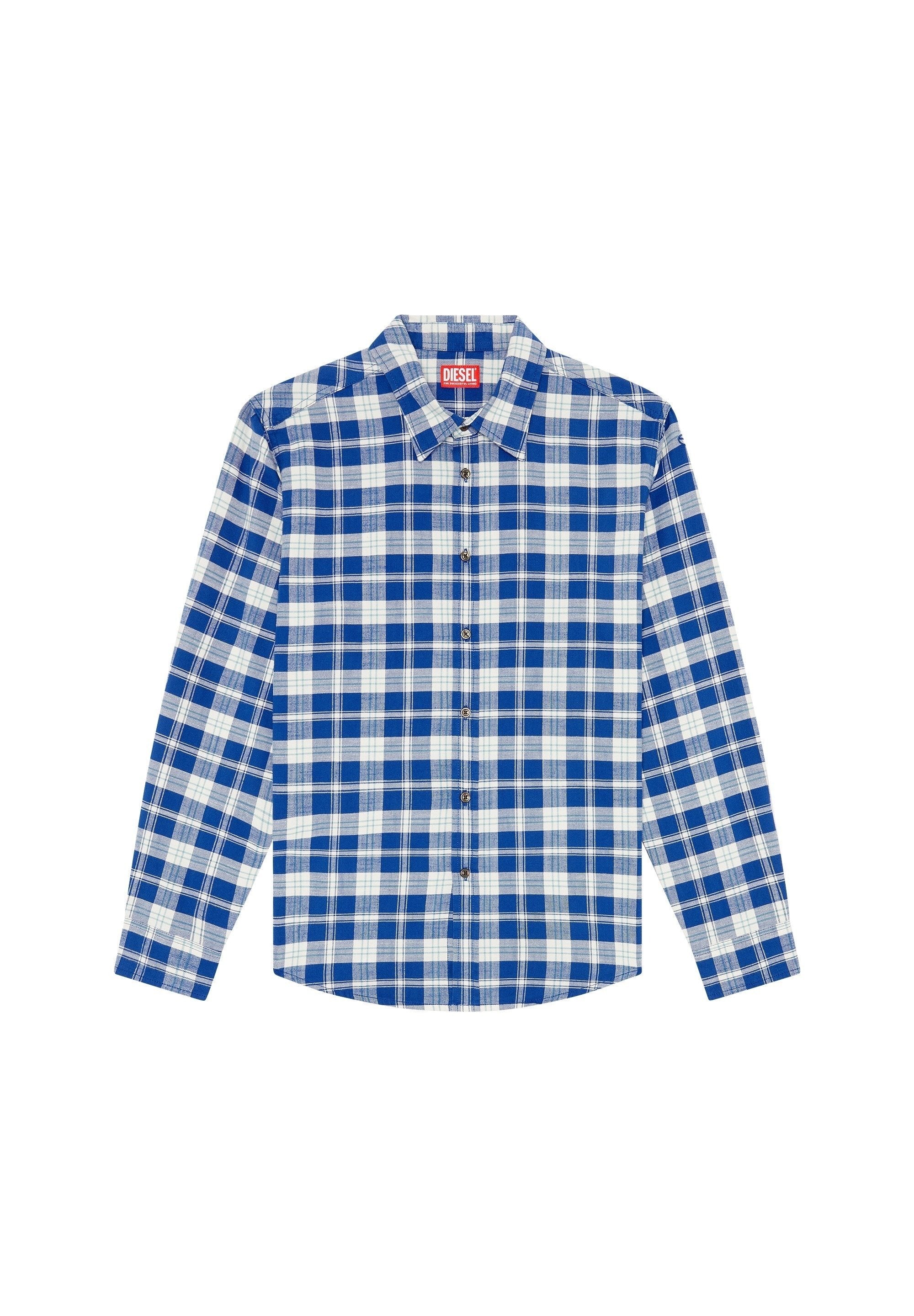 Langarm-Karierte Hemd in Blau und Weiß mit Button-Down-Kragen, ausgestattet mit einem karierten Muster und einem Markenetikett am Kragen.
