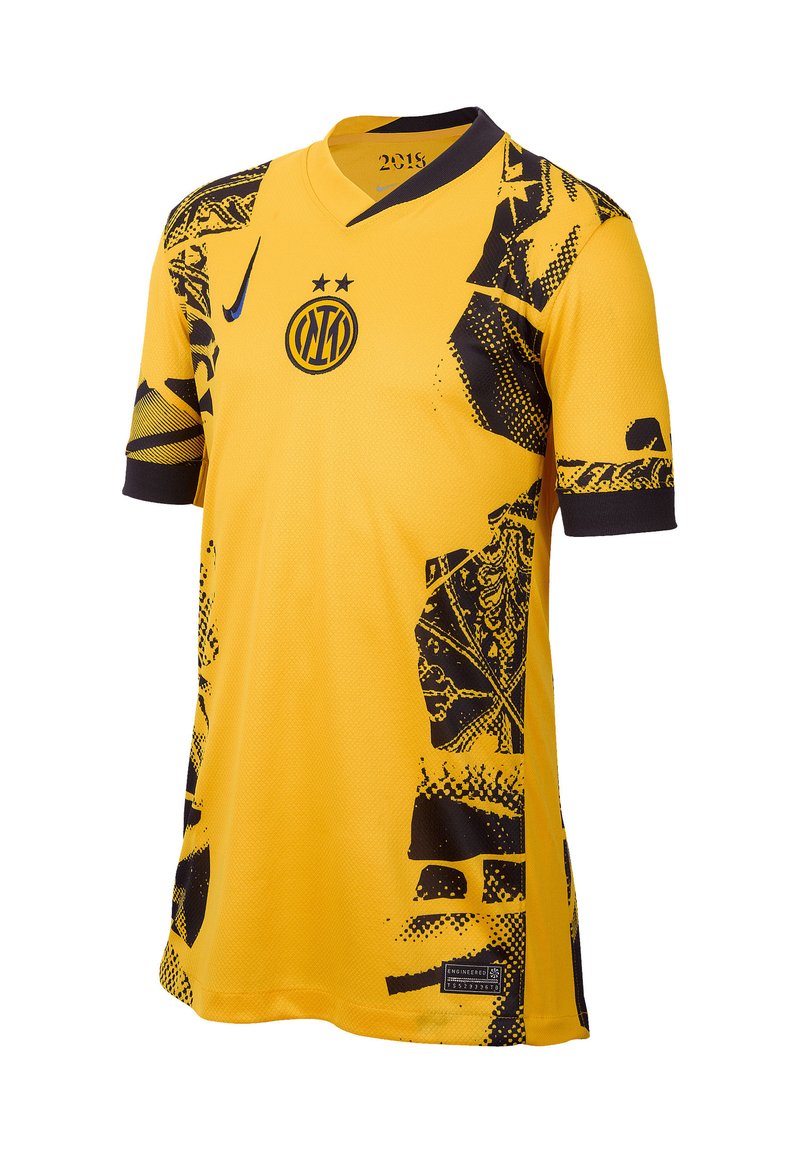 Gelbes Sporttrikot aus atmungsaktivem Material, mit schwarzen abstrakten Mustern, einem V-Ausschnitt und einem kleinen Logo auf der Brust.