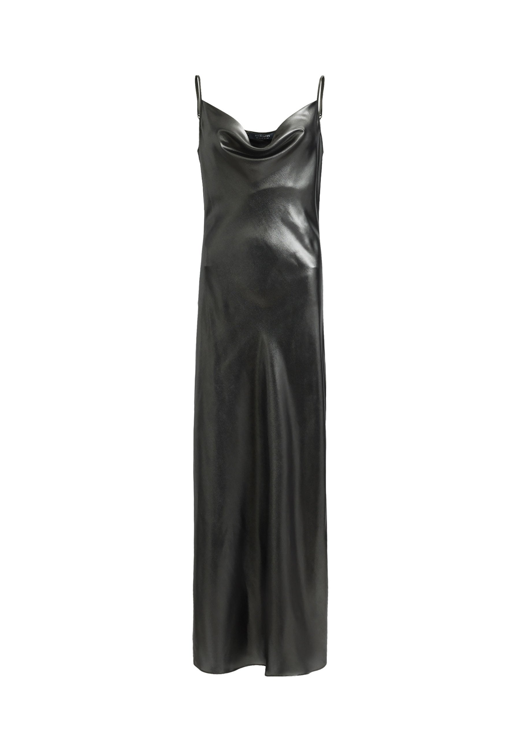Schwarzes Slipkleid aus glänzendem Material, mit einem drapierten Ausschnitt und dünnen Spaghettiträgern, in gerader, bodenlanger Silhouette.