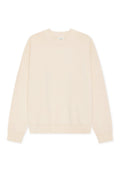 Beige Sweatshirt mit langen Ärmeln und Rundhalsausschnitt, mit gerippten Bündchen und Saum, flach auf weißem Hintergrund liegend dargestellt.