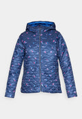 Marineblaue gesteppte Jacke mit Kapuze, Frontreißverschluss, Seitentaschen und kleinem rosa-blauem Blumenmuster.