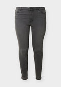 Dunkelgraue Slim-Fit-Jeans mit Fronttaschen, Knopfverschluss und Gürtelschlaufen, präsentiert vor einem schlichten weißen Hintergrund.