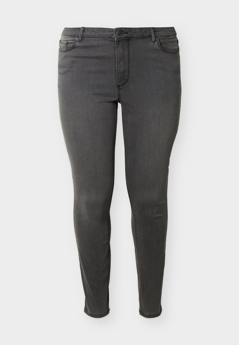 Dunkelgraue Slim-Fit-Jeans mit Fronttaschen, Knopfverschluss und Gürtelschlaufen, präsentiert vor einem schlichten weißen Hintergrund.