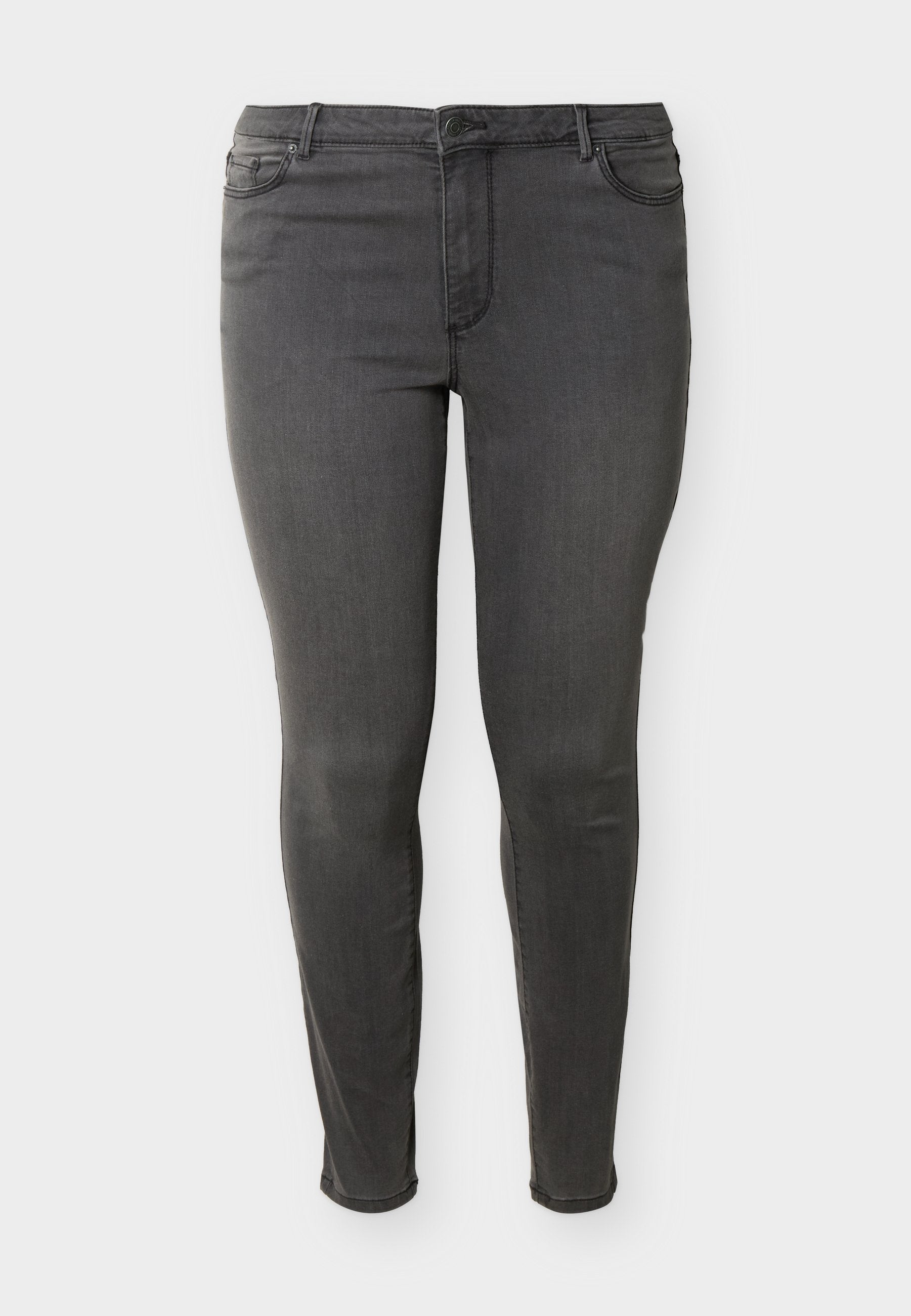Dunkelgraue Slim-Fit-Jeans mit Fronttaschen, Knopfverschluss und Gürtelschlaufen, präsentiert vor einem schlichten weißen Hintergrund.