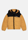 Daunenjacke mit schwarzem oberen Teil und senfgelber Körperfarbe. Mit Kapuze, Reißverschluss und elastischen Bündchen. Aus gestepptem Material gefertigt.