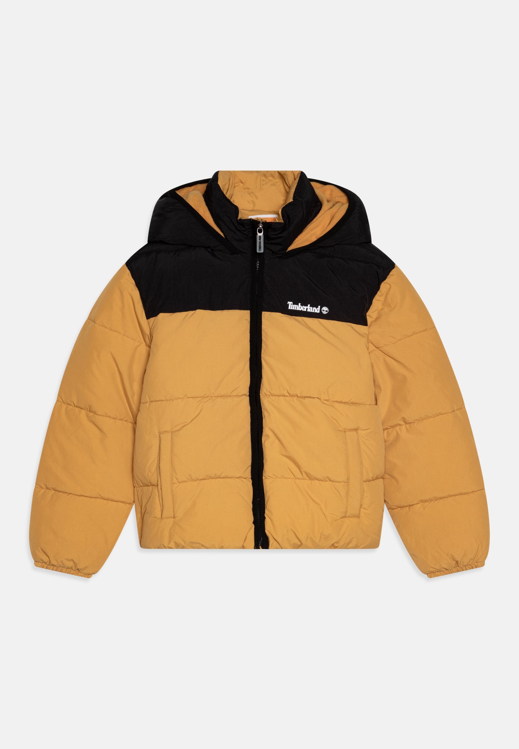 Daunenjacke mit schwarzem oberen Teil und senfgelber Körperfarbe. Mit Kapuze, Reißverschluss und elastischen Bündchen. Aus gestepptem Material gefertigt.