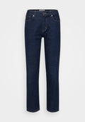 Dunkelblaue Denim-Jeans mit geradem Bein Design, Fünf-Taschen-Stil und Kontrastnähten. Verfügt über einen Metallknopf und einen Reißverschluss.
