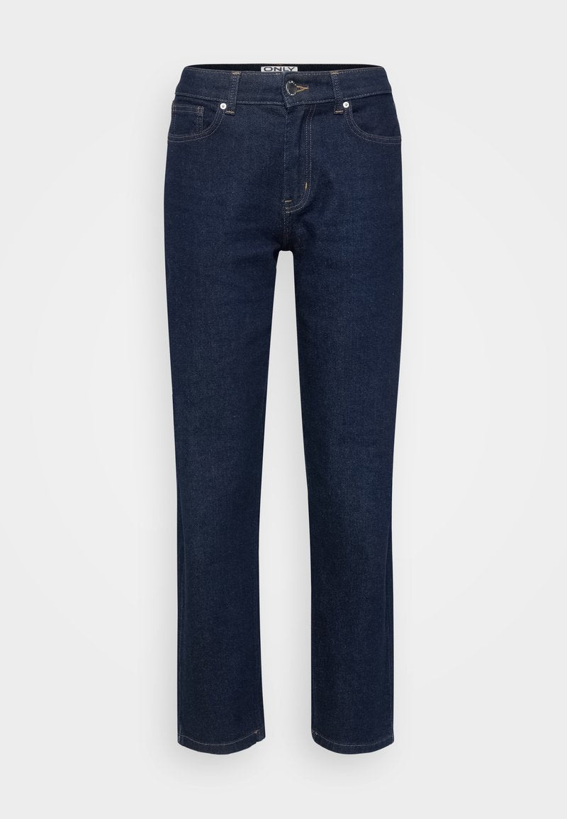 Dunkelblaue Denim-Jeans mit geradem Bein Design, Fünf-Taschen-Stil und Kontrastnähten. Verfügt über einen Metallknopf und einen Reißverschluss.