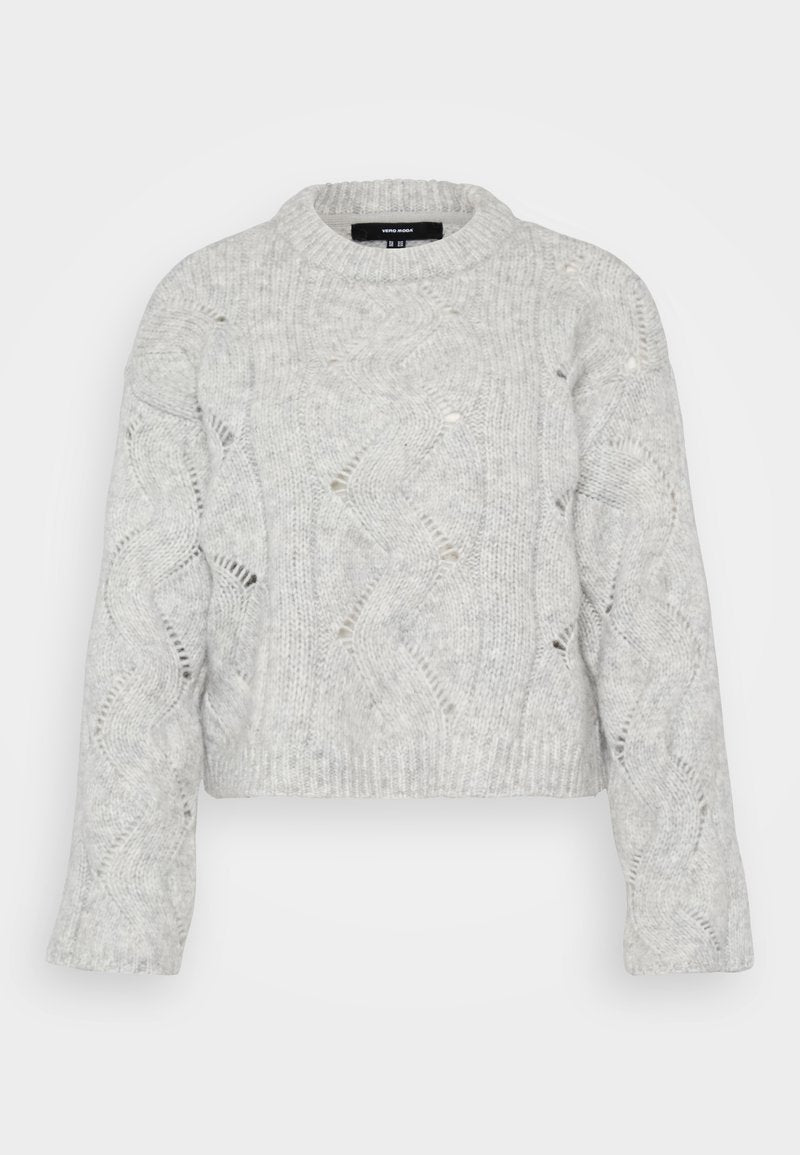 Grauer Strickpullover mit Rundhalsausschnitt, ausgestattet mit einem wellenförmigen Kabelmuster und lockeren langen Ärmeln. Strukturmaterial, weich im Griff.