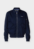 Marineblaue Reißverschlussjacke mit Klappentaschen, gerippten Bündchen und Saum, einer kleinen Reißverschlusstasche am Ärmel und einem Schott-Logo-Patch auf der Brust.