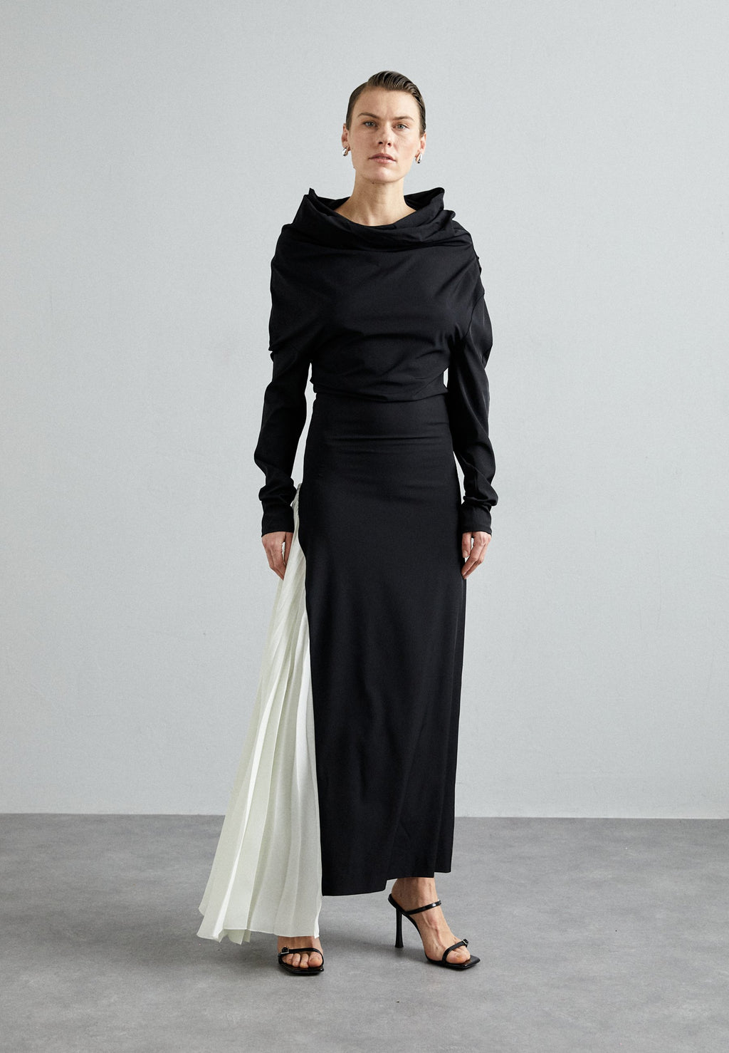 A.W.A.K.E. MODE ASYMMETRIC DRESS WITH PLEATED SIDE PANEL