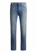 Verblasste blaue Denim-Jeans mit geradem Bein, versehen mit abgenutzten Stellen und leichten Ausbleichungen an der Vorderseite. Fünf-Taschen-Stil.