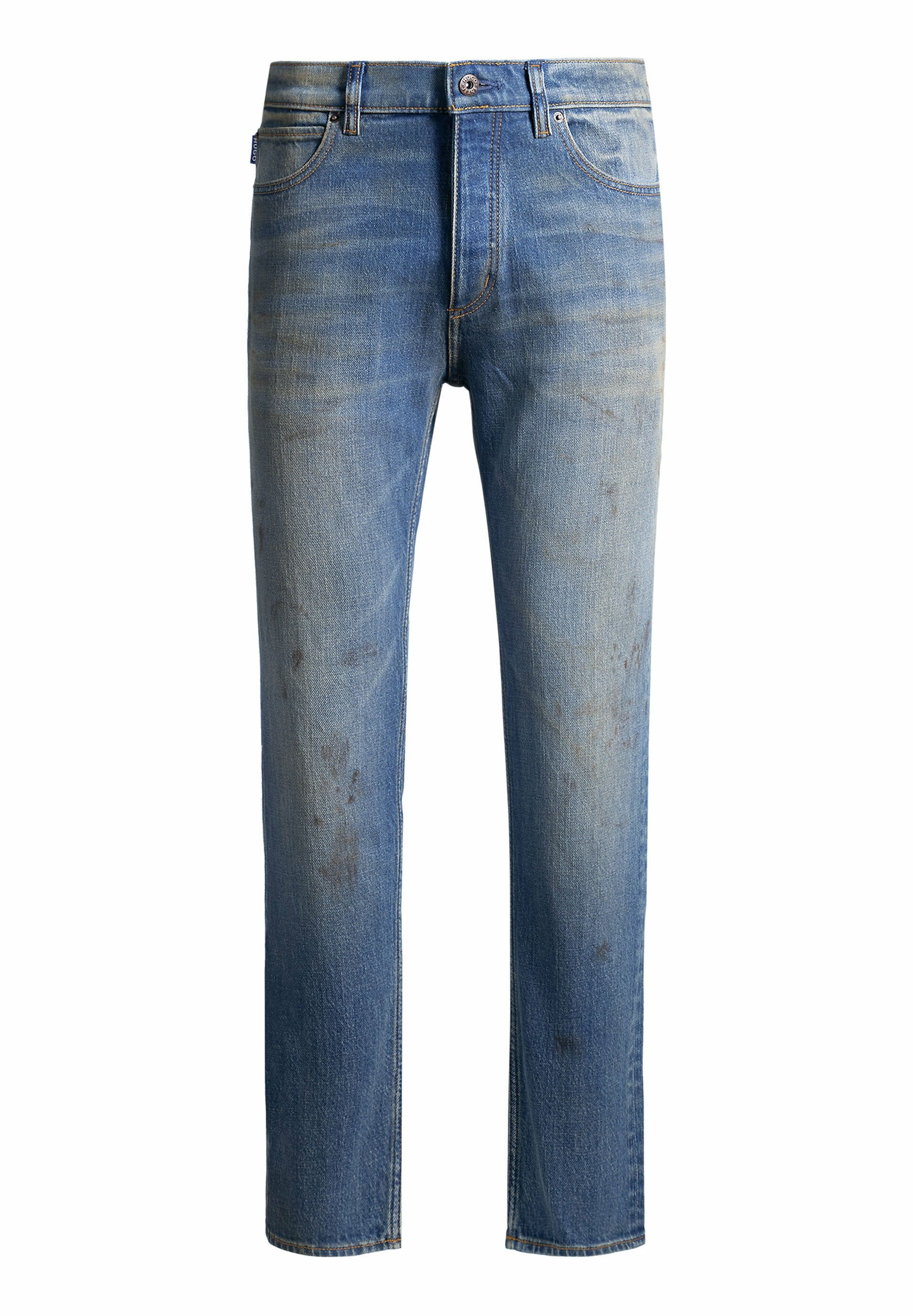 Verblasste blaue Denim-Jeans mit geradem Bein, versehen mit abgenutzten Stellen und leichten Ausbleichungen an der Vorderseite. Fünf-Taschen-Stil.