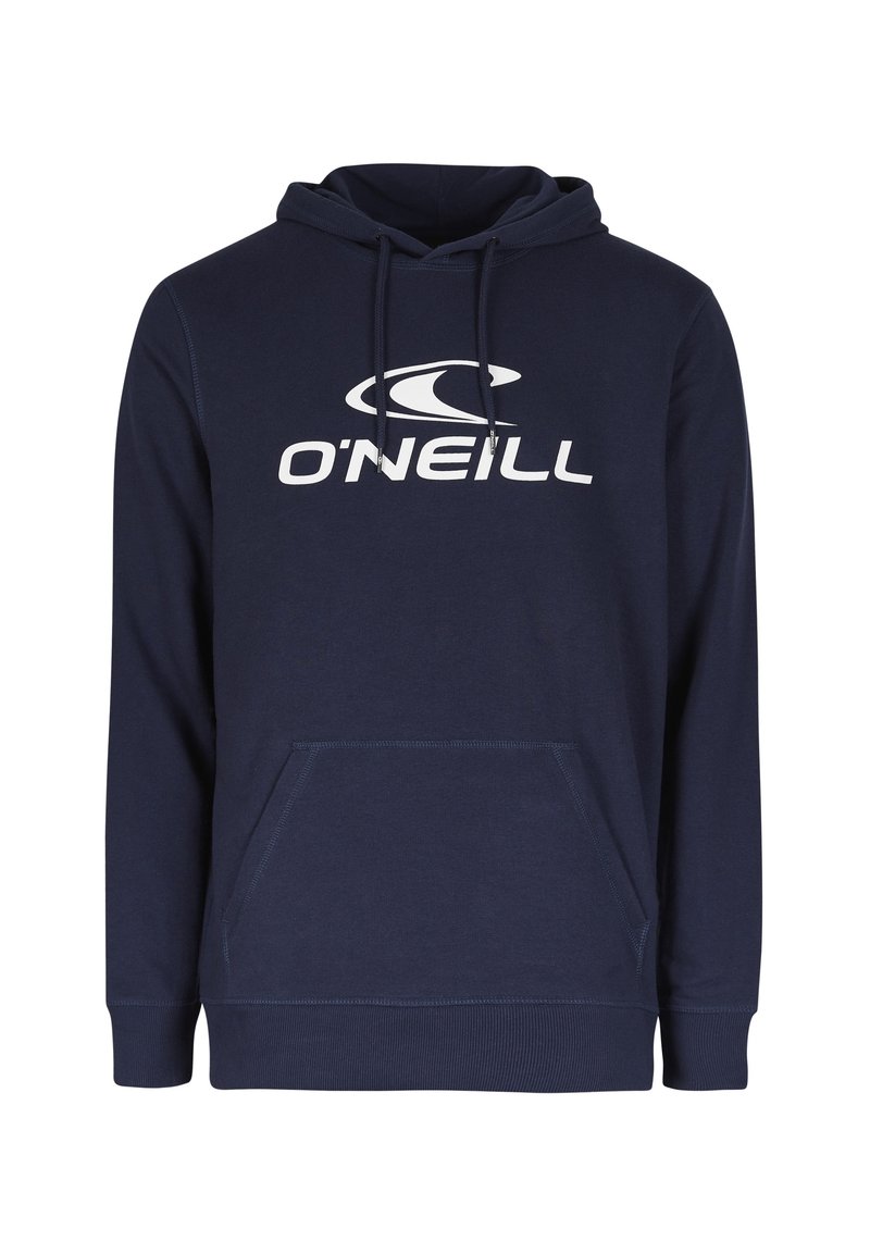 Marineblaue Kapuzenjacke aus weichem Stoff, mit einer Fronttasche und einem weißen Logo auf der Brust. Klassisches Design mit gerippten Bündchen.