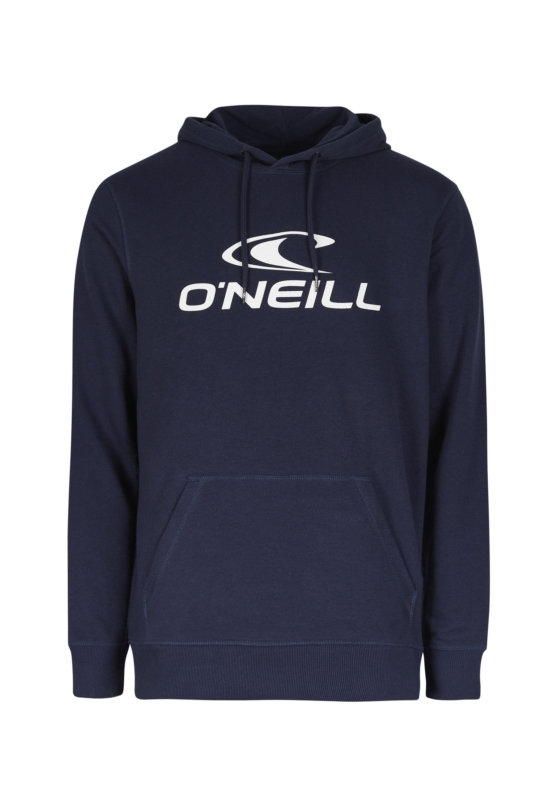 Marineblaue Kapuzenjacke aus weichem Stoff, mit einer Fronttasche und einem weißen Logo auf der Brust. Klassisches Design mit gerippten Bündchen.