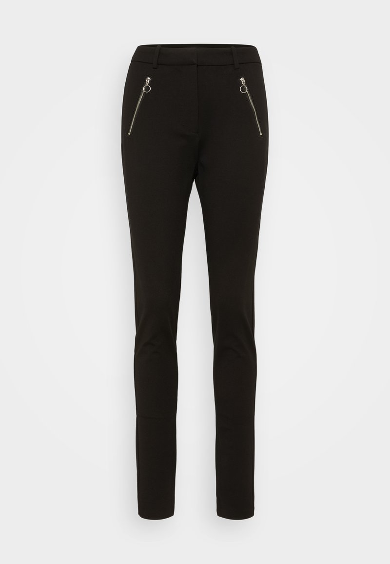 Schwarze Slim-Fit-Hosen aus weichem Stoff, mit zwei Reißverschlusstaschen an der Vorderseite und einer glatten Textur. Maßgeschneiderter Schnitt mit mittelhohem Bund.