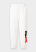 Weiße Baumwolljogginghose mit elastischem Bund. Linkes Bein mit schwarzem und rotem "DIESEL"-Logo. Bündchen an den Knöcheln. Glatte Textur.