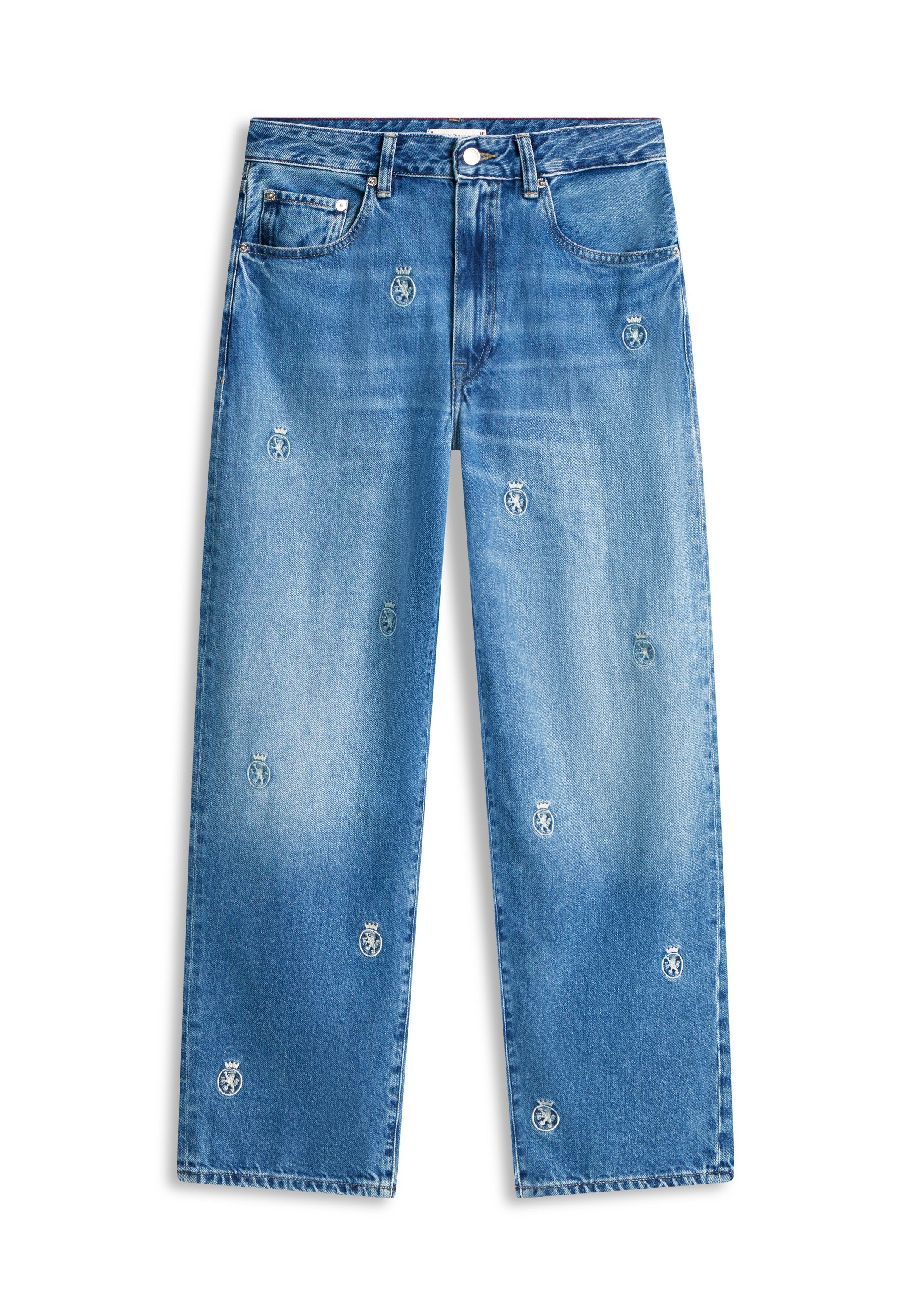 CREST EMBROIDERY MID RISE BARREL LEG JEANS Media 1