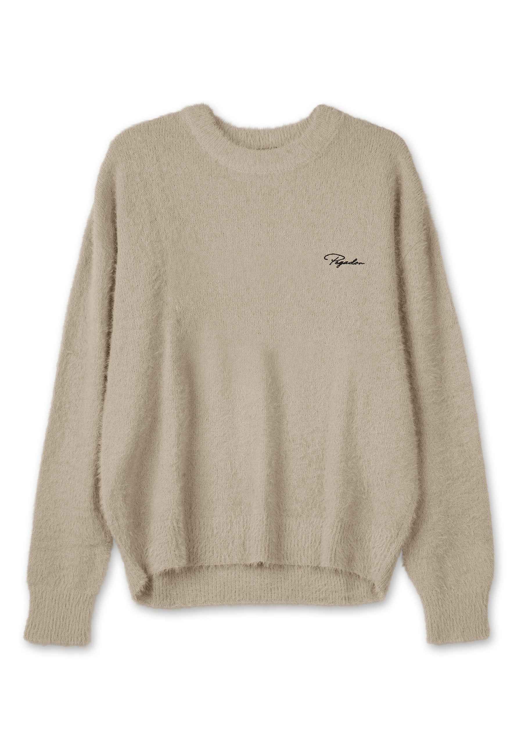 Beige flauschiger Pullover mit Rundhalsausschnitt, langen Ärmeln und einem leicht verkürzten Saum. Mit gesticktem Logo auf der linken Brust.