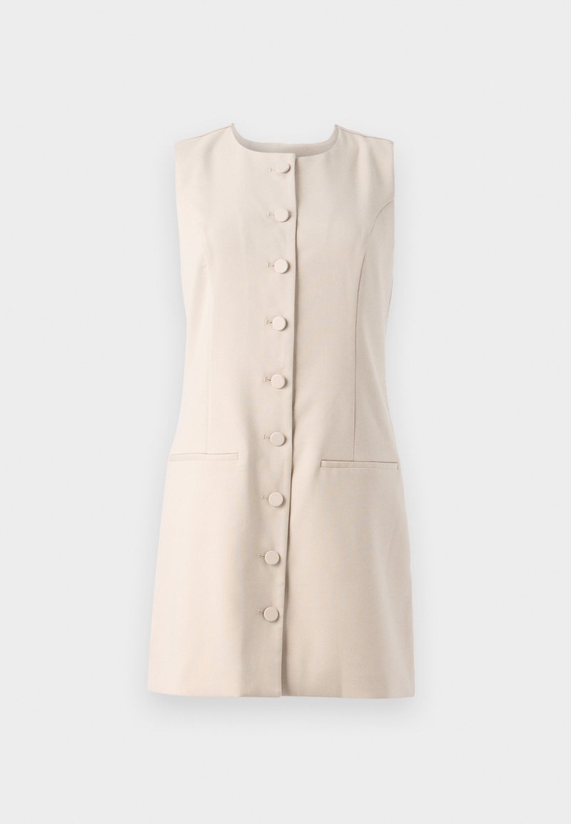Beige ärmelloses Kleid mit einem runden Ausschnitt, Knopfverschluss und zwei seitlichen Taschen. Glatter Stoff mit strukturiertem Design.