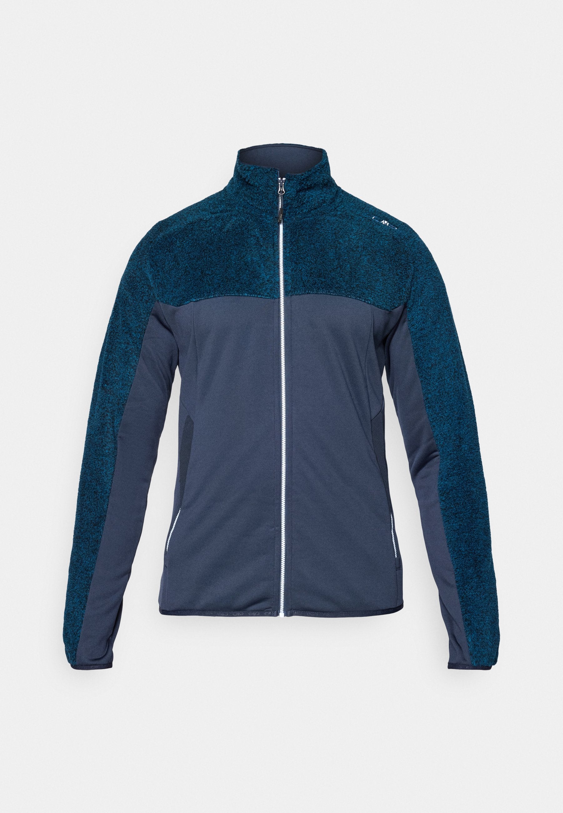 Dunkelblaue Jacke mit einem strukturierten oberem Abschnitt in Teal, langen Ärmeln und einem Frontreißverschluss. Verfügt über Seitentaschen und einen Stehkragen.